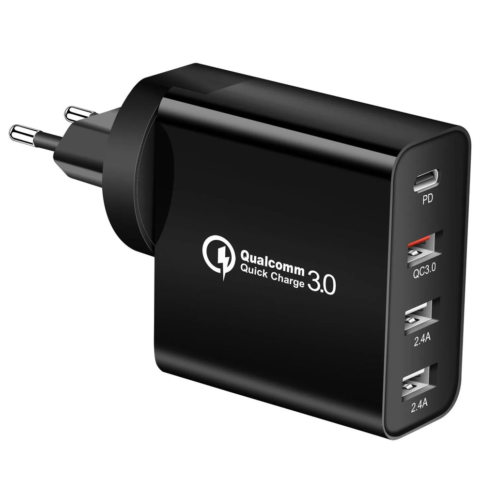 Black 48W USB-C wall charger with four ports and a UK plug on a white background.
