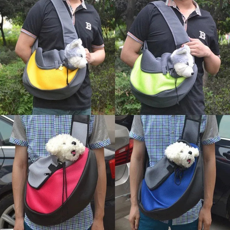 Blue polyester pet backpack for a cat showing shoulder straps and mesh ventilation.