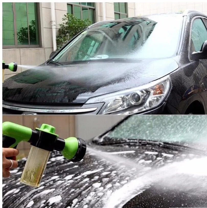 Green high-pressure foam spray gun with adjustable nozzle showing eight spray pattern settings