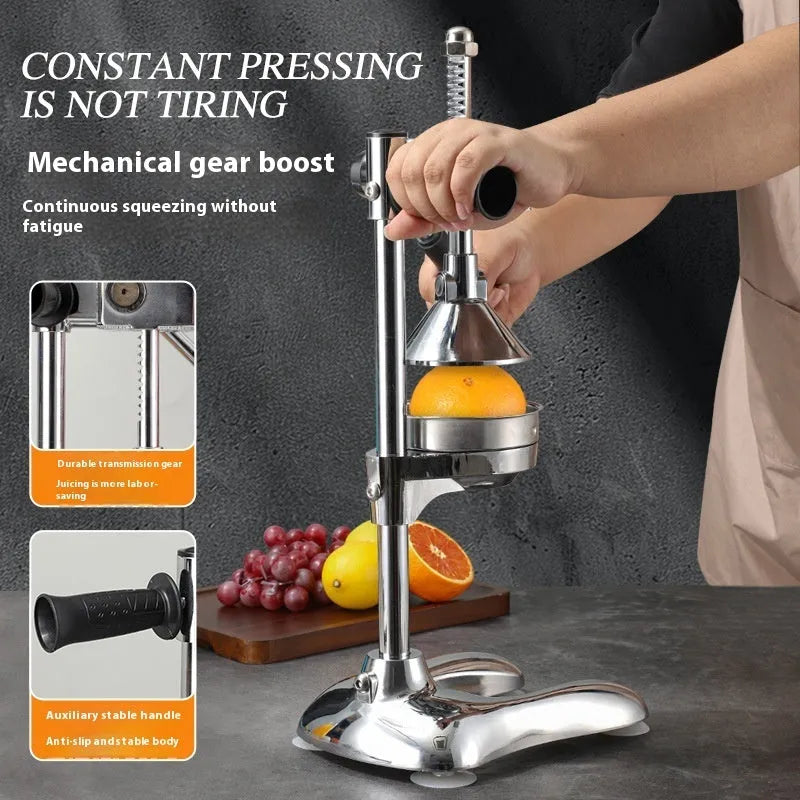 Vertical stainless steel manual juicer with choice of coloured finishes and head attachments on a kitchen worktop.