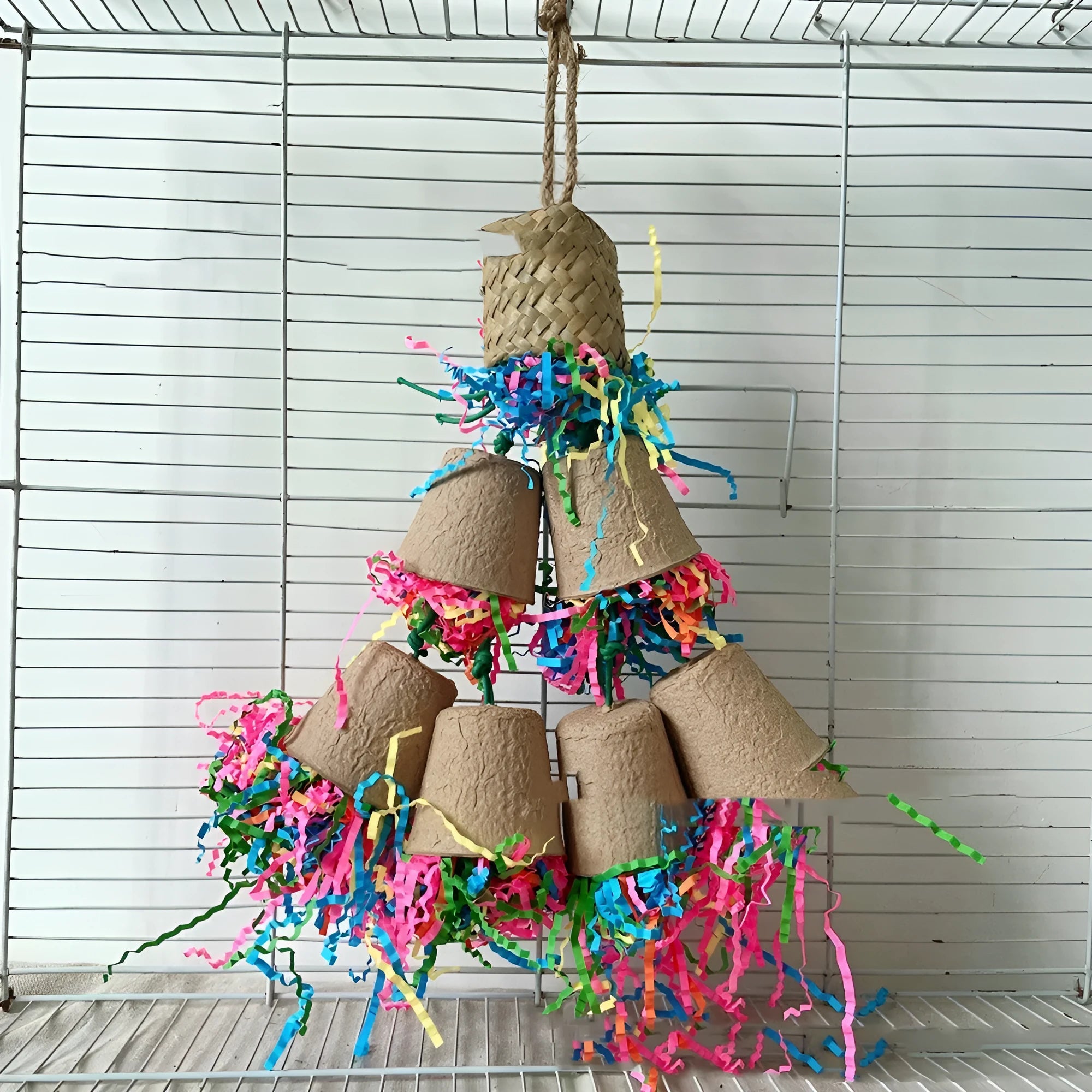 Parrot paper cup palm weaving gnawing toy in wood colour with 38cm hanging height
