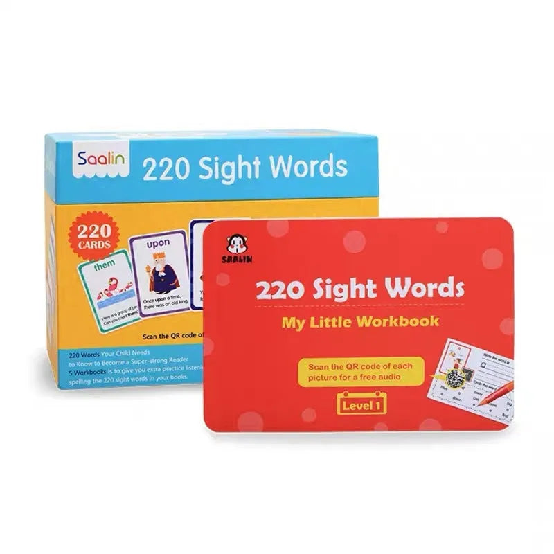 220 High Frequency Word Gift Box Set showing coated paper flashcards and interactive workbooks for children's English education