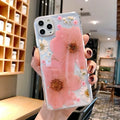 Floral patterned TPU phone case for iPhone in pink and yellow flower designs.