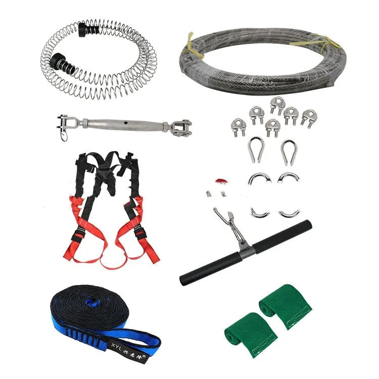 Children's 10 metre pulley slide rope set with alloy steel pulleys, handle, and safety components