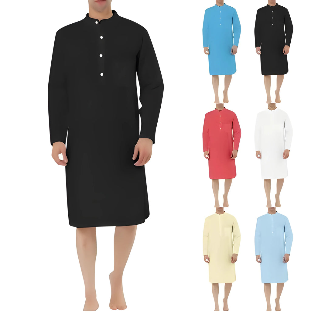 Men's simple cotton shirt robe with pockets shown in one of nine available colours.