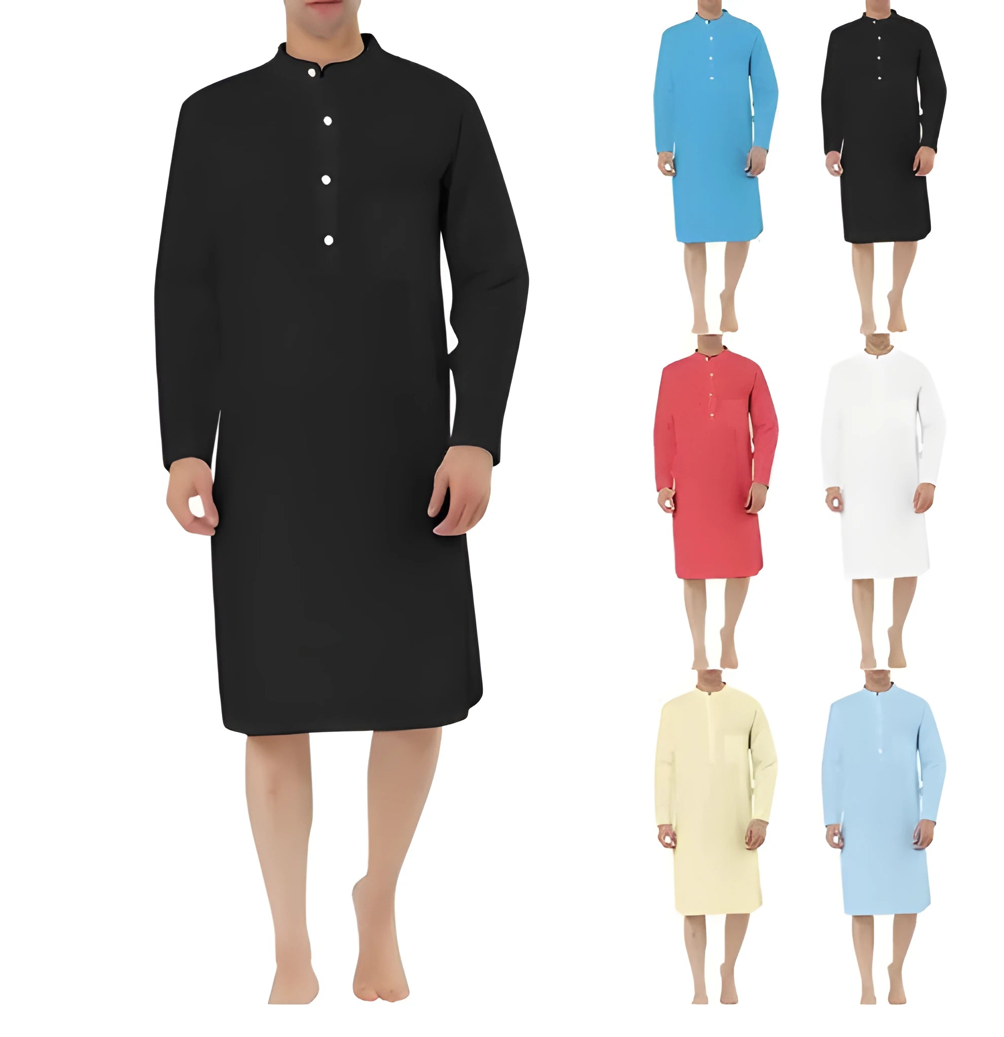 Men's simple cotton shirt robe with pockets shown in one of nine available colours.