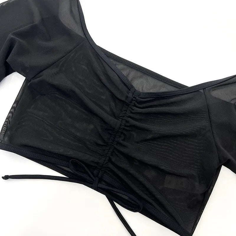 Black mesh women's bikini four-piece set with long sleeves and briefs for swimming sports