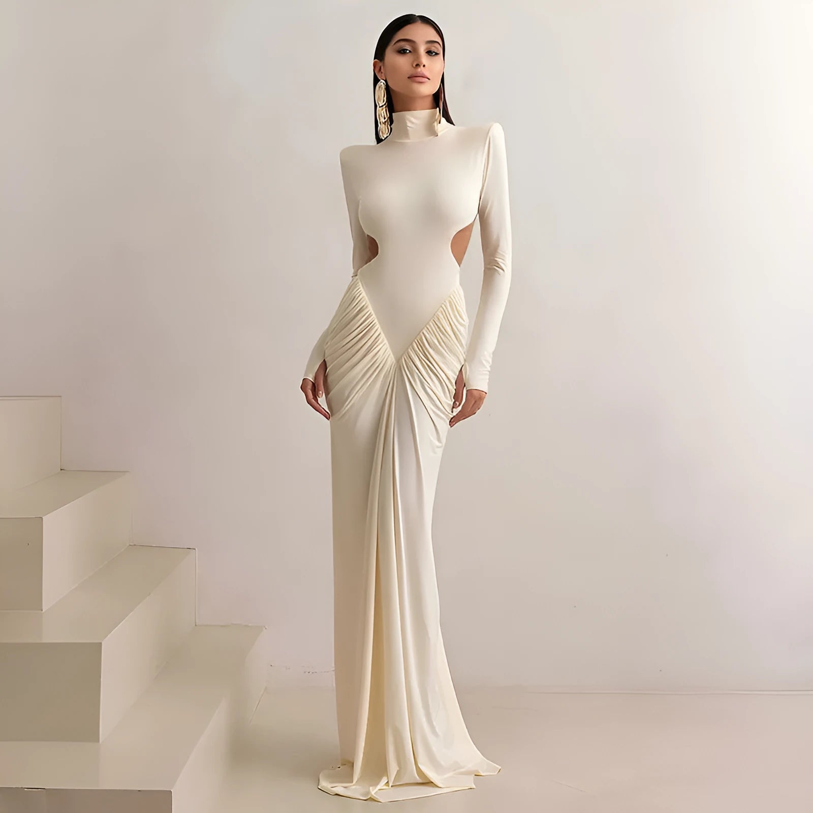 Women's long sleeve high collar backless pleated dress in slim fit with Asian sizing options