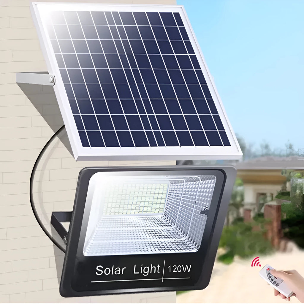 Black solar-powered outdoor flood light with multiple wattage options and IP67 waterproof rating