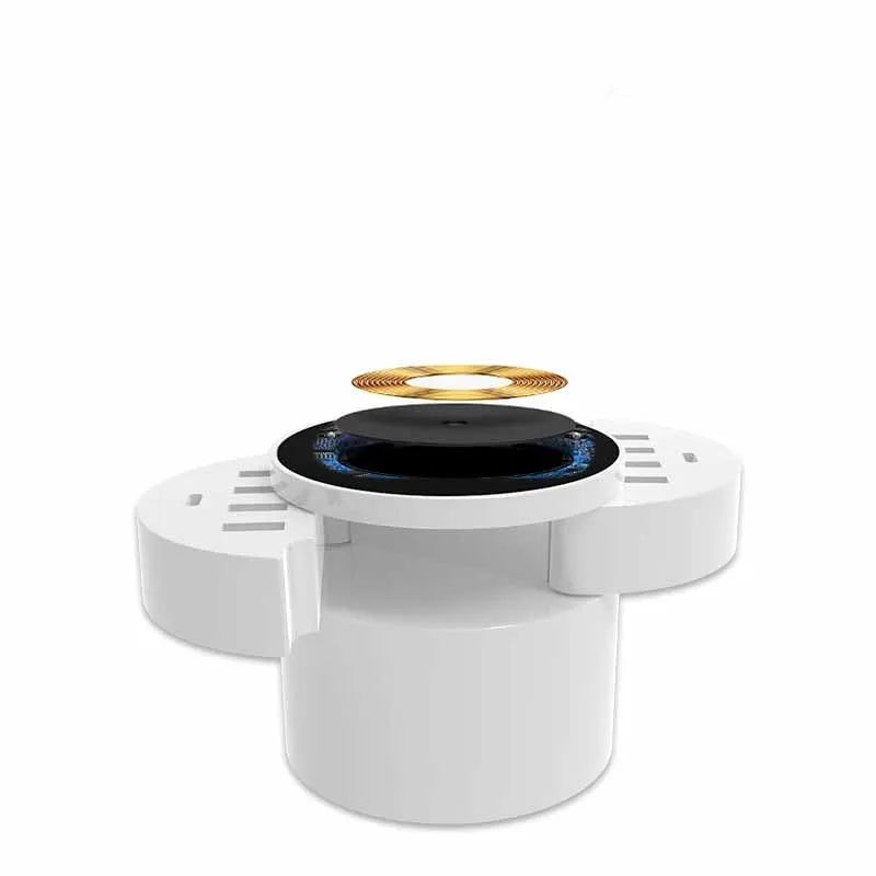 Multi-port wireless circular charger in ceramic white with UK EU US plug adapters and 1.5m cable