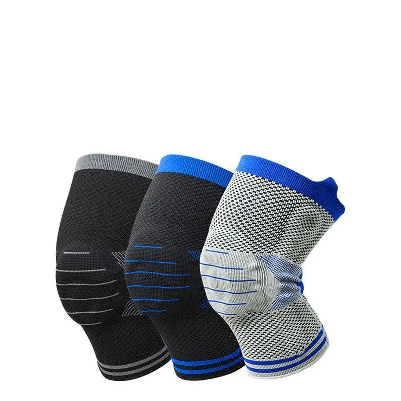 Cotton knee pad with silicone shock absorber spring bar in grey and blue colour, shown from the side.