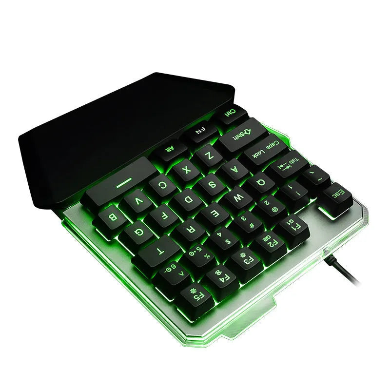 Black one-handed mechanical gaming keyboard with RGB backlit keys and USB cable