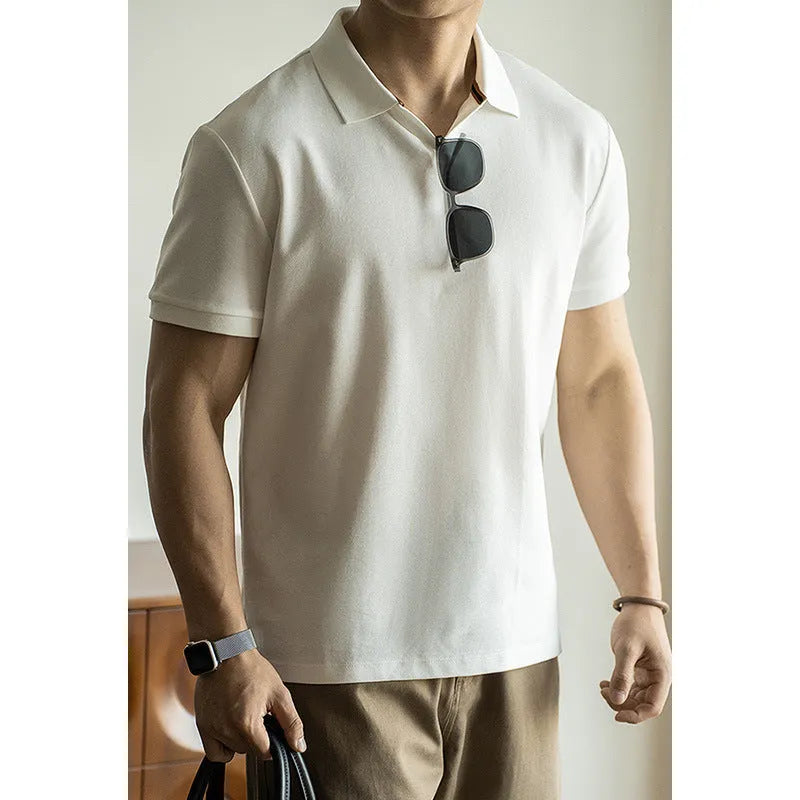Blue cotton blend polo shirt with short sleeves displayed front view