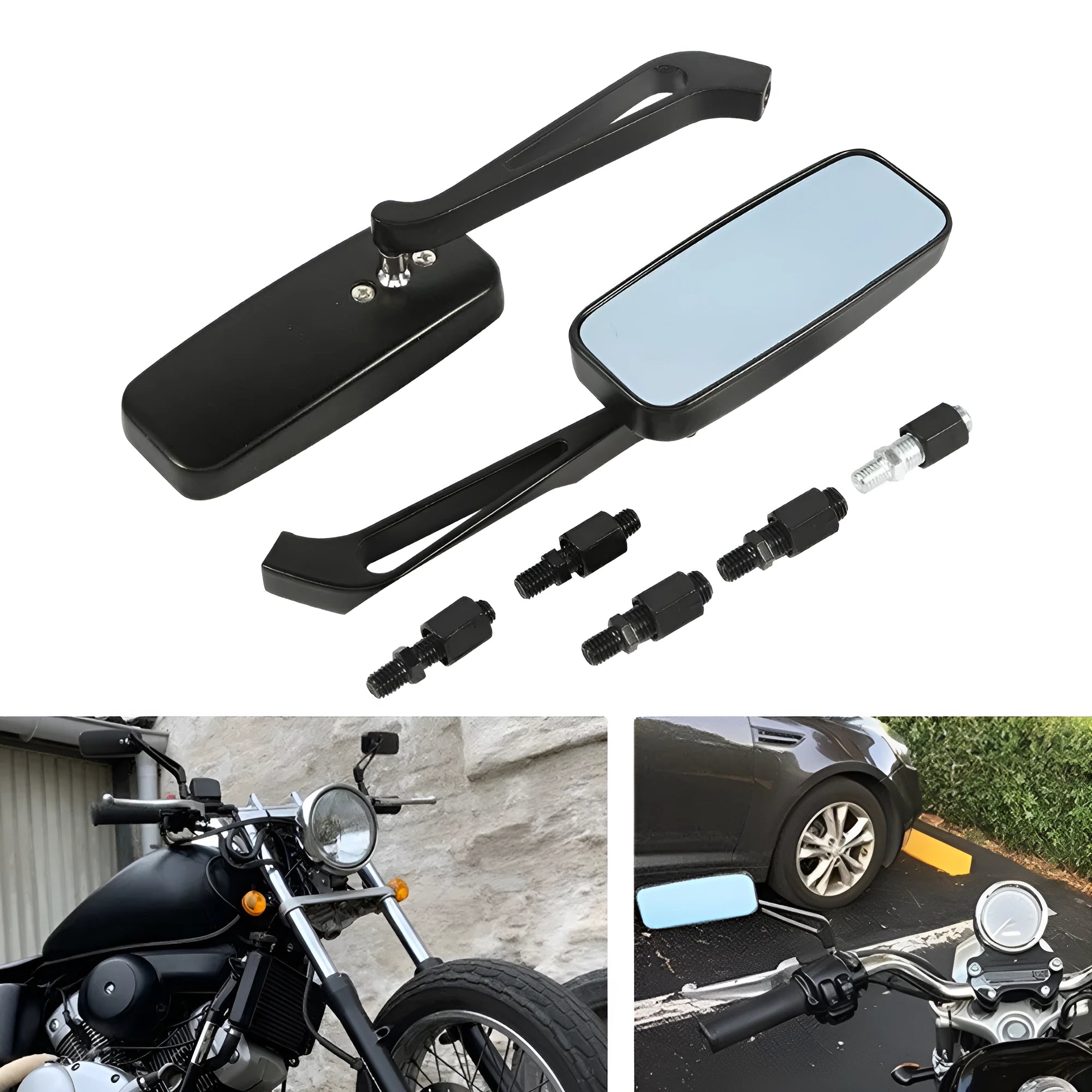 Pair of motorcycle rearview mirrors with glass surface and aluminium alloy cover in retro decor setting