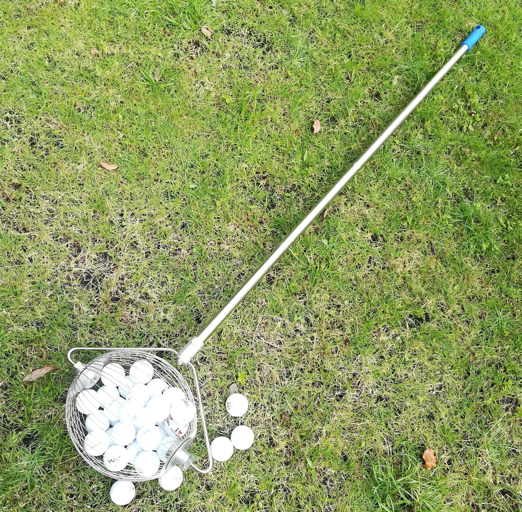 Stainless steel golf ball picker with metallic finish for collecting practice balls