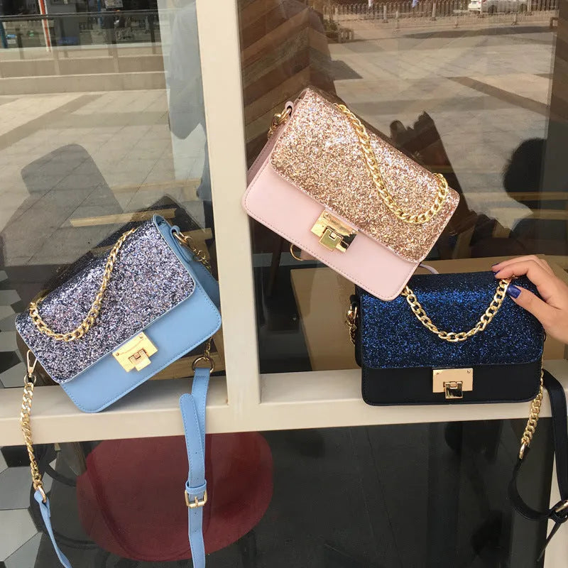 Women's small square sequined PU leather shoulder bag with lock closure, pink colour, 22x16x9cm