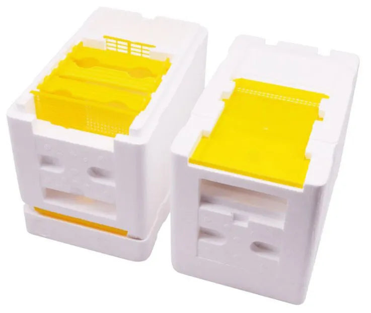 Three white EPS foam mini delivery boxes for beehive queen introduction and bee breeding.