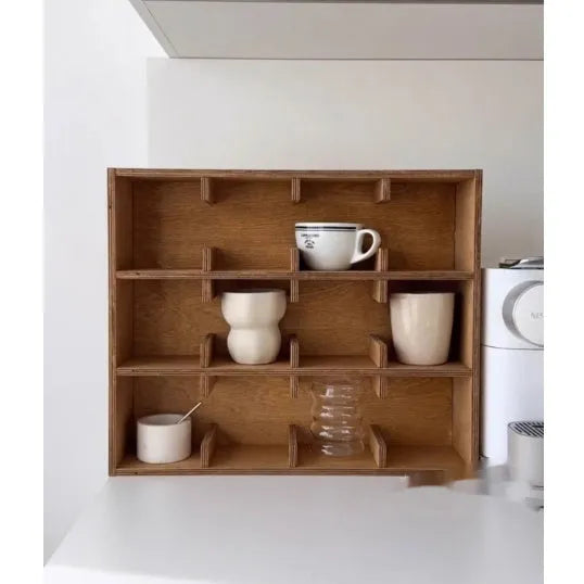 Solid wood square multi-layer grid cup storage rack in birch wood meridian colour