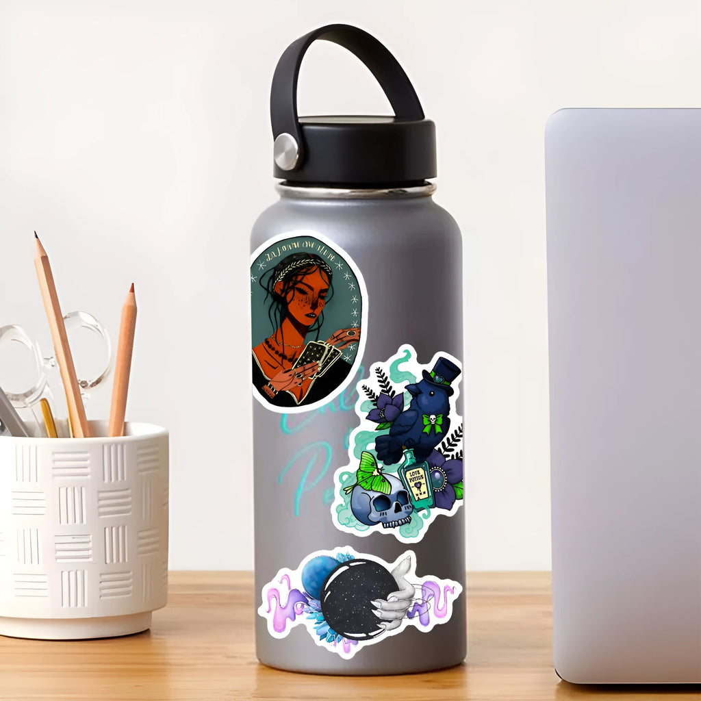 Pack of 50 colourful waterproof PVC stickers for laptops and skateboards, ranging from 3cm to 8cm in size.