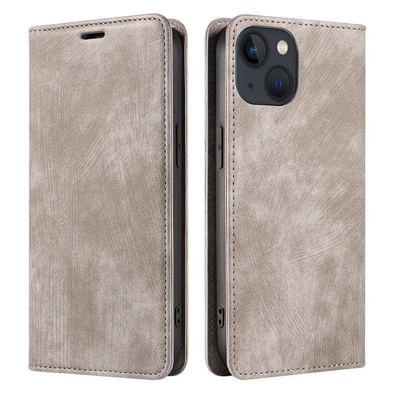 Magnetic flip phone case for iPhone in solid colour options showing TPU and leather construction