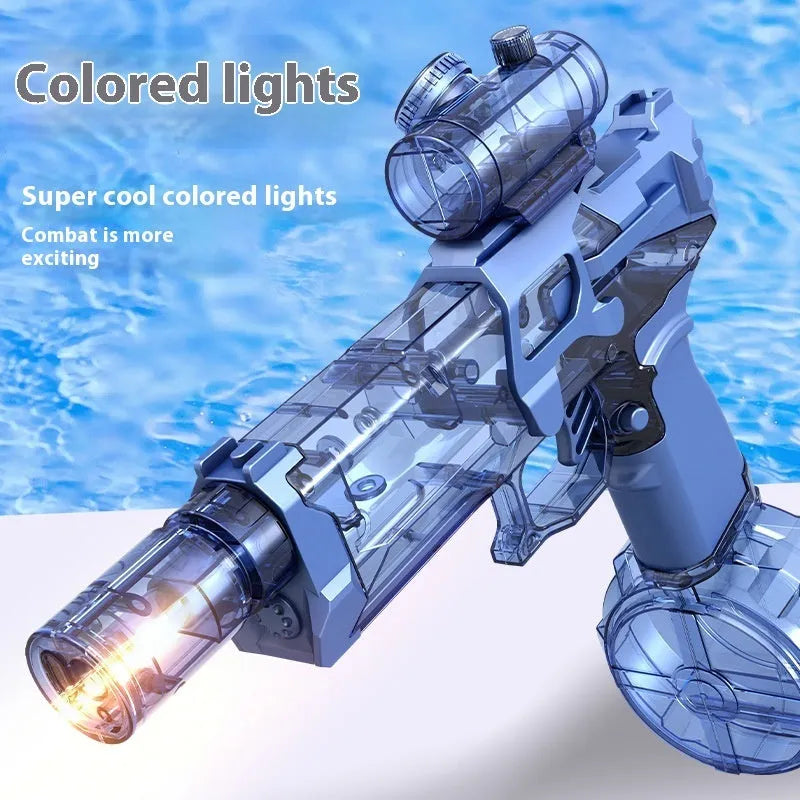 Fire Rat electric water pistol toy with LED lights in multiple colour options including black, blue, and red