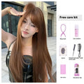 Long straight warm brown wig with bangs for women on a mannequin head showing full length and natural colour