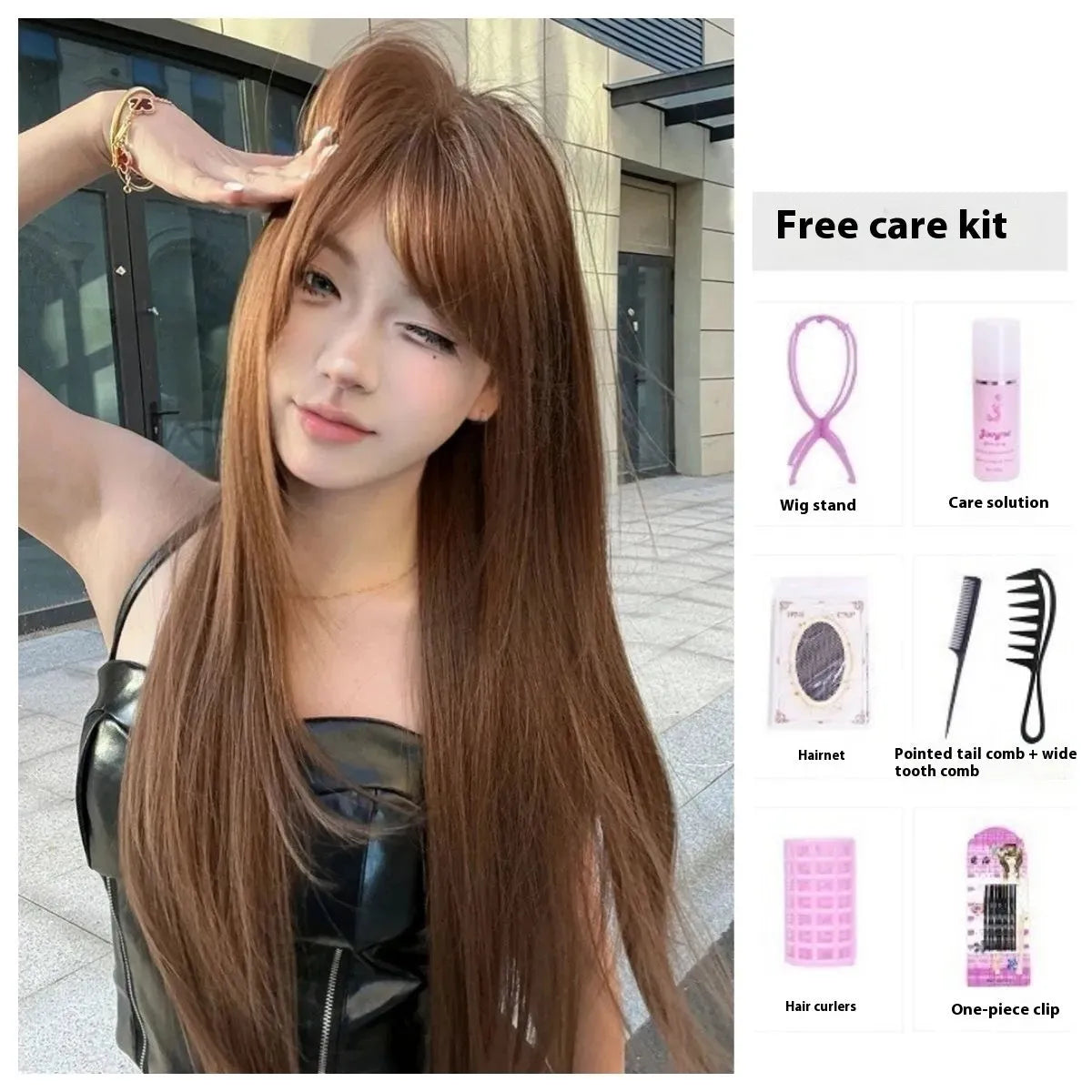 Long straight warm brown wig with bangs for women on a mannequin head showing full length and natural colour