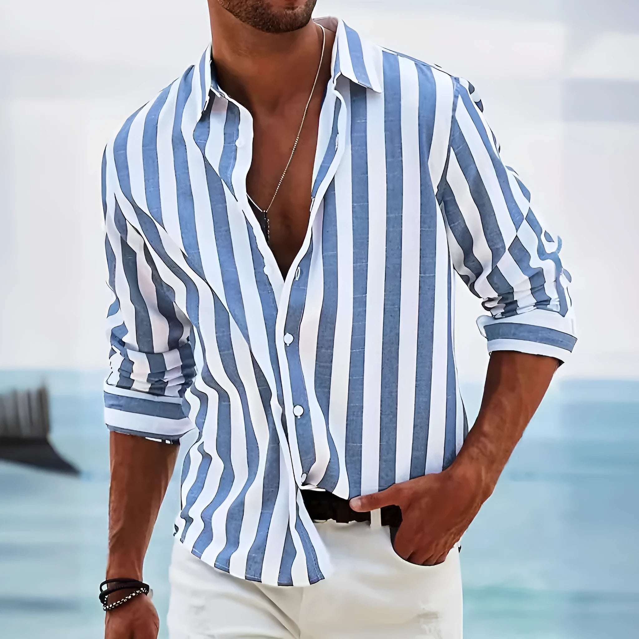 Men's striped casual shirt in loose fit cardigan style with long sleeves