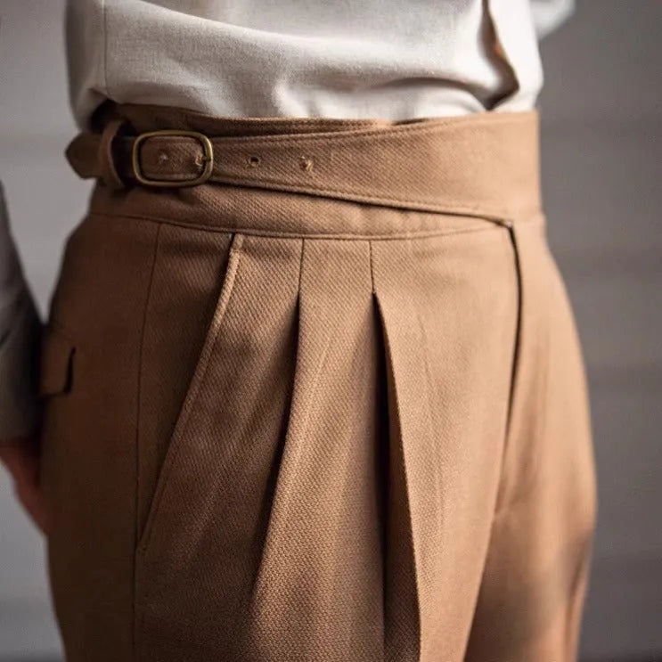 Men's high waist straight leg casual trousers in black, shown on a hanger.