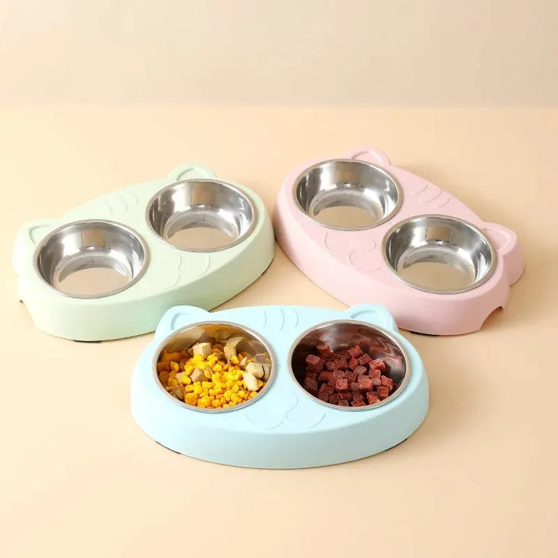 Plastic double bowl pet feeder tray in blue colour for cat and dog feeding