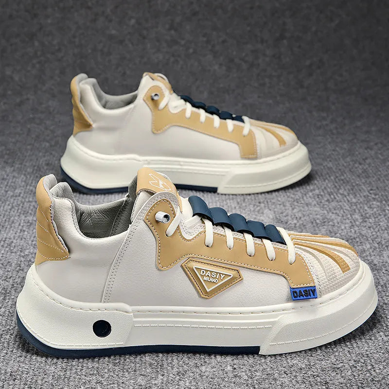 Men's beige low-top sneakers with elastic band closure and leather stitch detail on microfiber upper