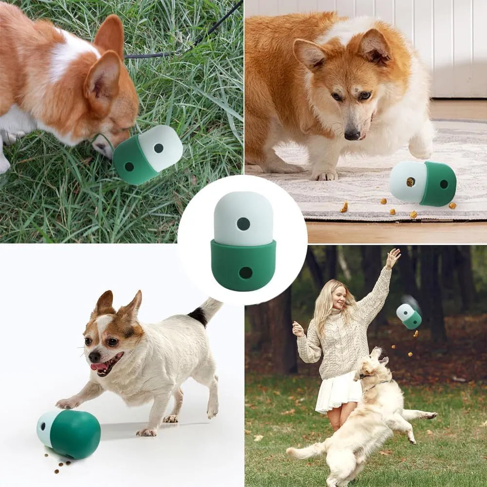 Food grade silicone dog treat puzzle ball in assorted two-tone colours, 8cm diameter.