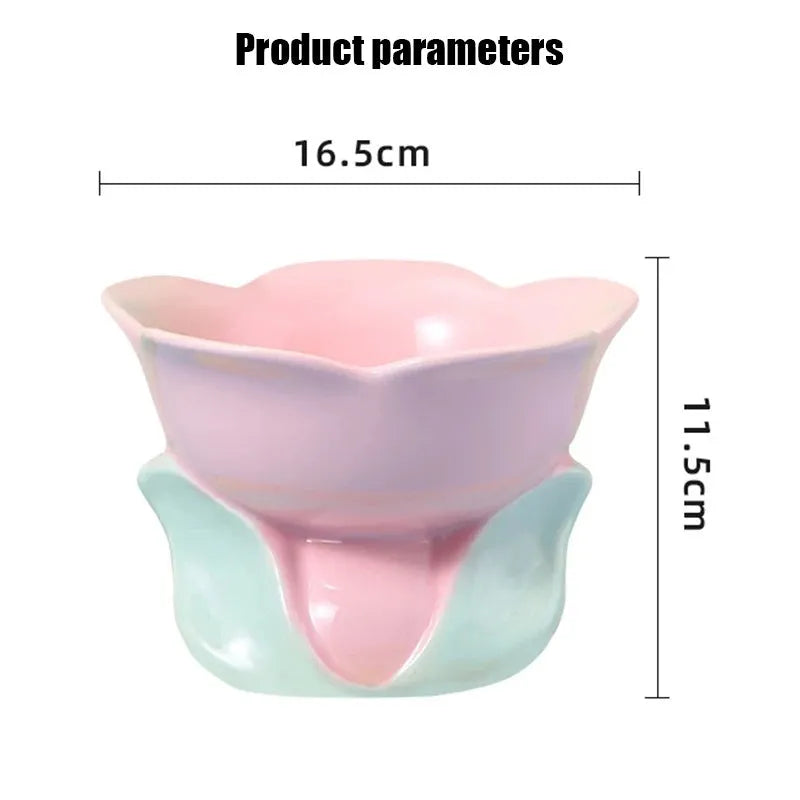 Blue floral ceramic raised pet feeding bowl with non-slip base for cats and small dogs