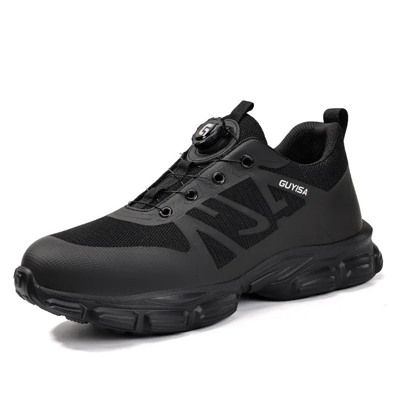 Lightweight safety shoes with black Flyknit upper, steel toe, and TPU outsole for anti-smash and anti-puncture protection