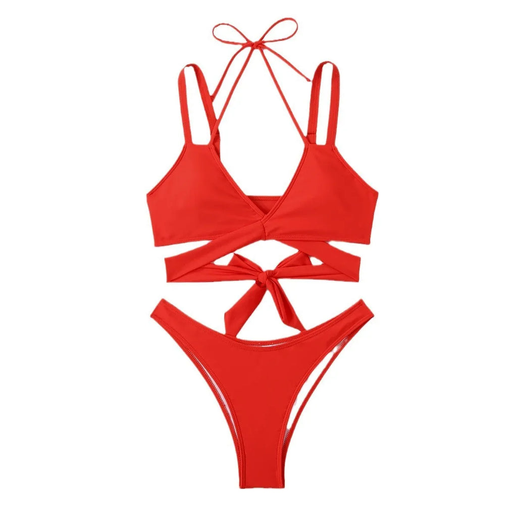 Solid colour women's bikini swimsuit on hanger showing sleeveless design and briefs style