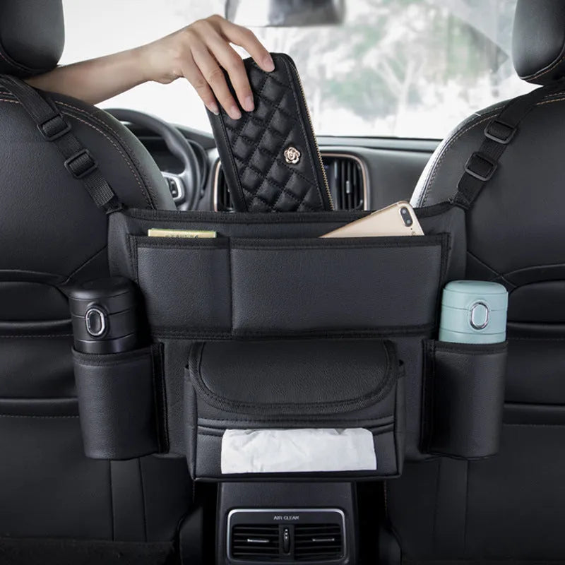 Pure black Lychee grain leather interseat storage bag for car tissue box between seats
