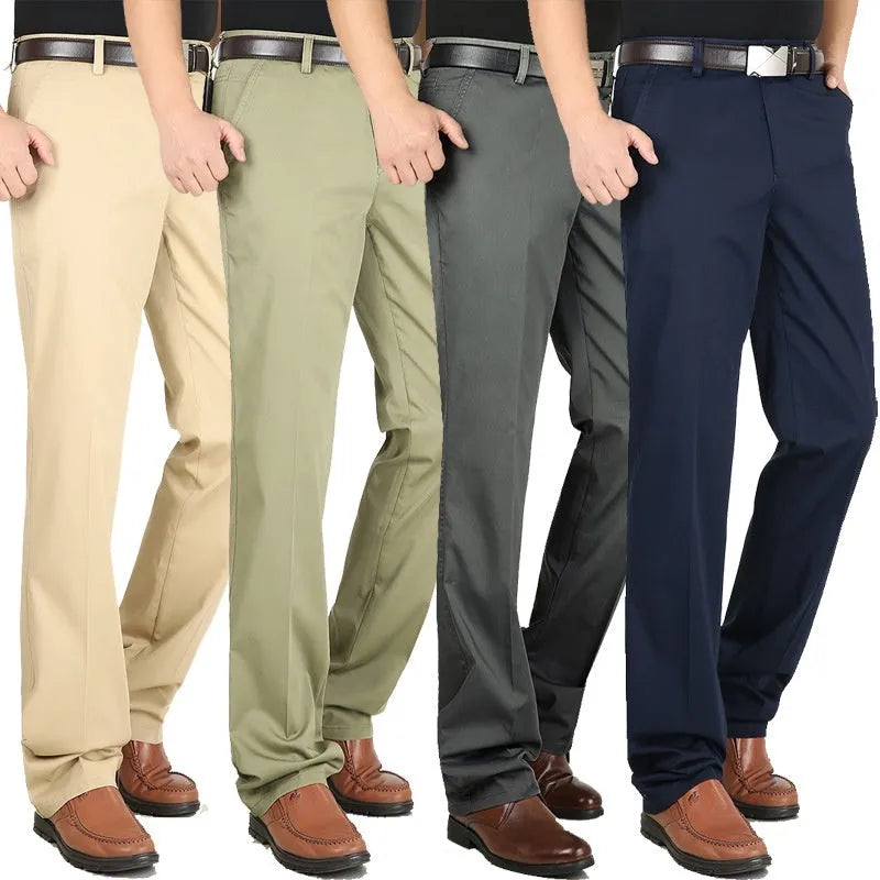 Men's elastic cotton high waisted loose trousers in creamy white, front view, sizes 29 to 44