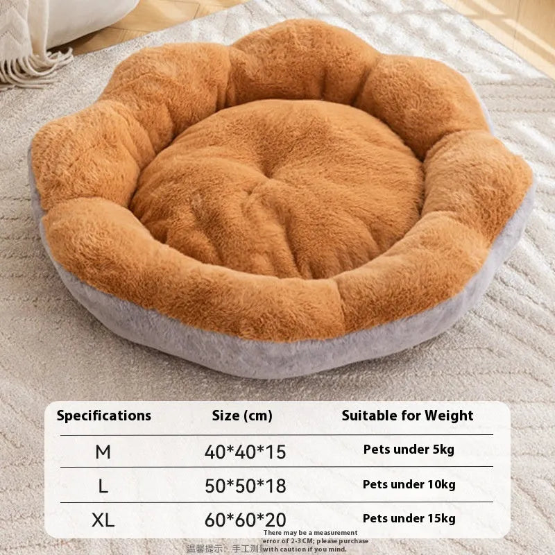 Brown grey rabbit plush round cat bed with a removable washable cover, shown in L size.