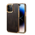 Handmade leather iPhone case in vintage oil wax leather showing slim profile and precise button cutouts