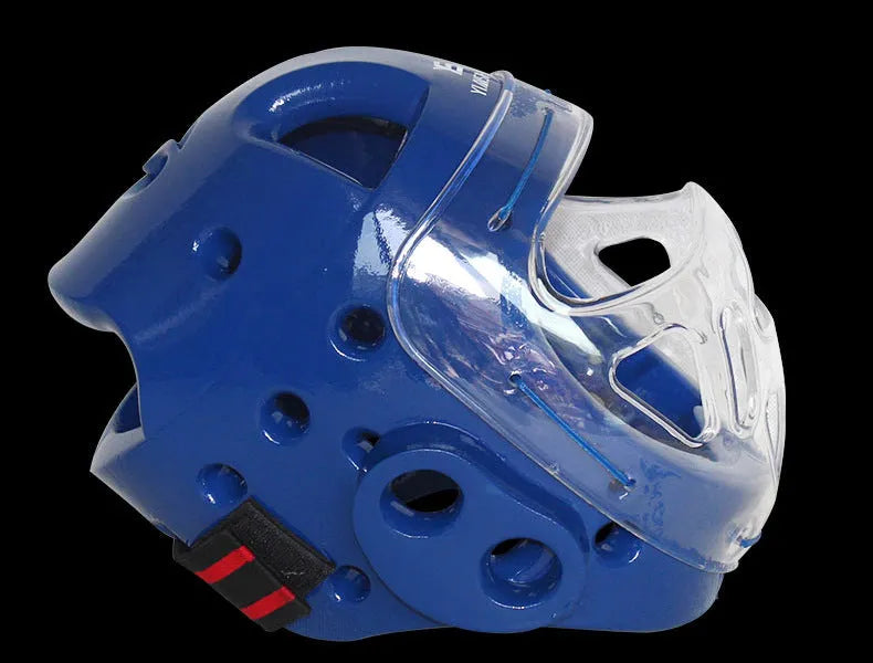 Karate helmet protective equipment in white, blue, and red colours available in multiple sizes