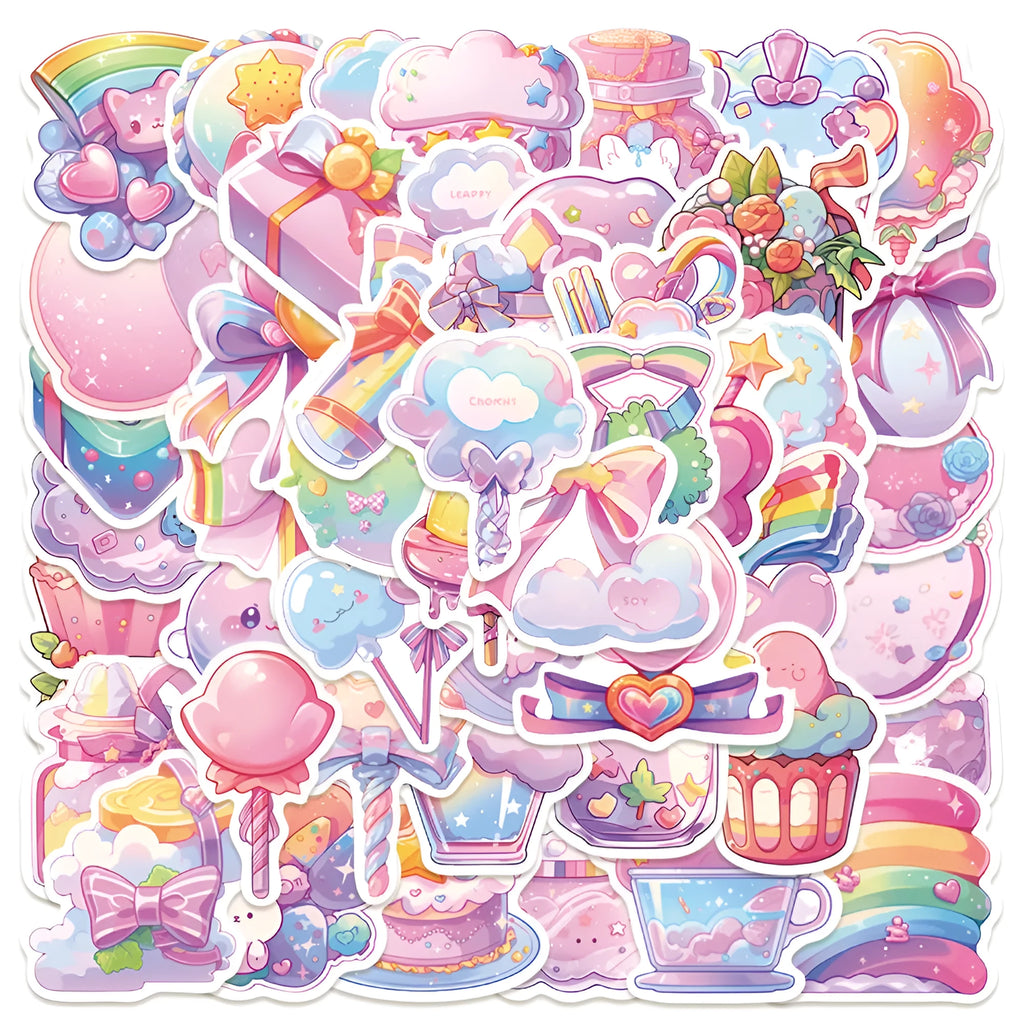 Pack of 50 sheets of cute candy small items themed waterproof decorative stickers.