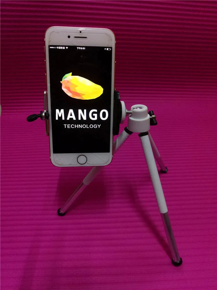 Black desktop phone holder with two-section adjustable metal bracket and clamp base