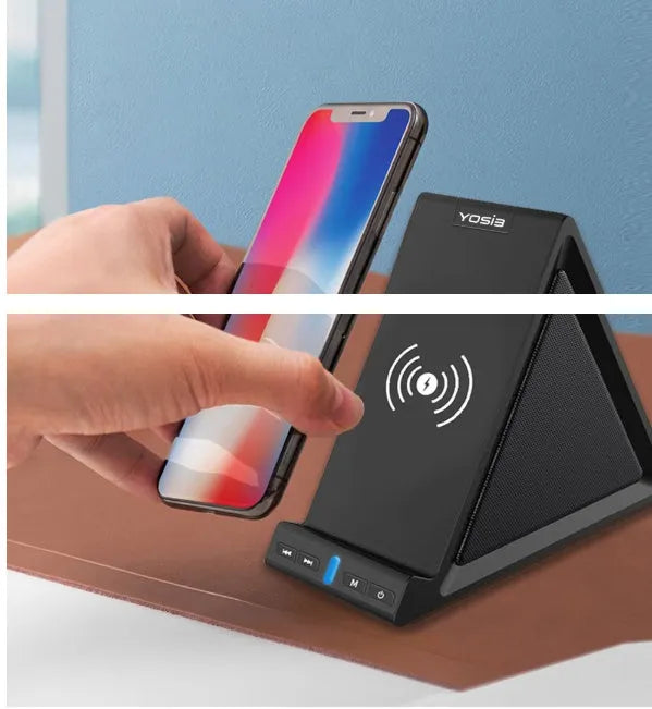 Black Bluetooth speaker with integrated phone stand and built-in 2000mAh power bank.