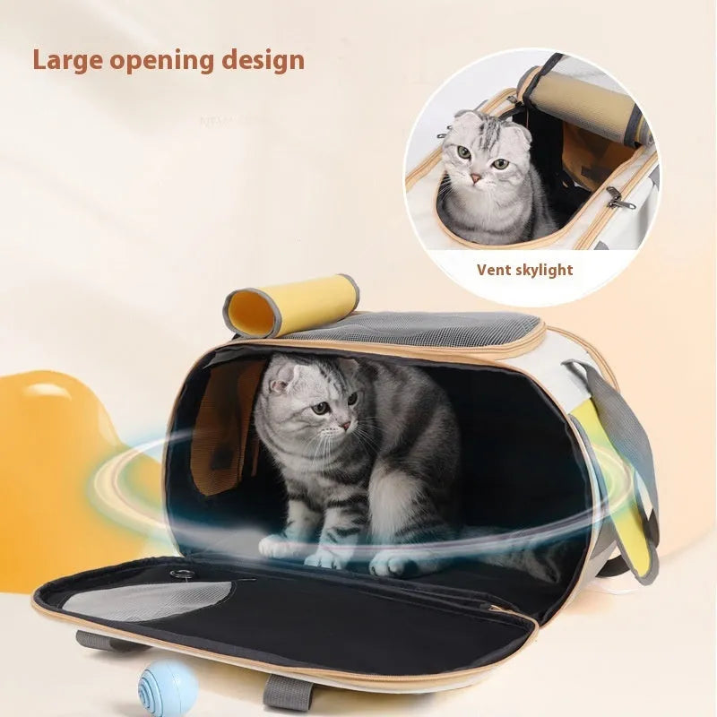 Yellow foldable canvas pet shoulder bag with large capacity and a single shoulder strap.