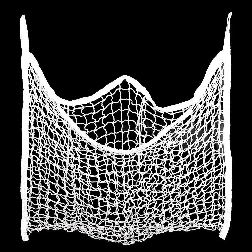 Woven PE rope horse feeding bag with grid pattern in black colour, shown hanging with hay