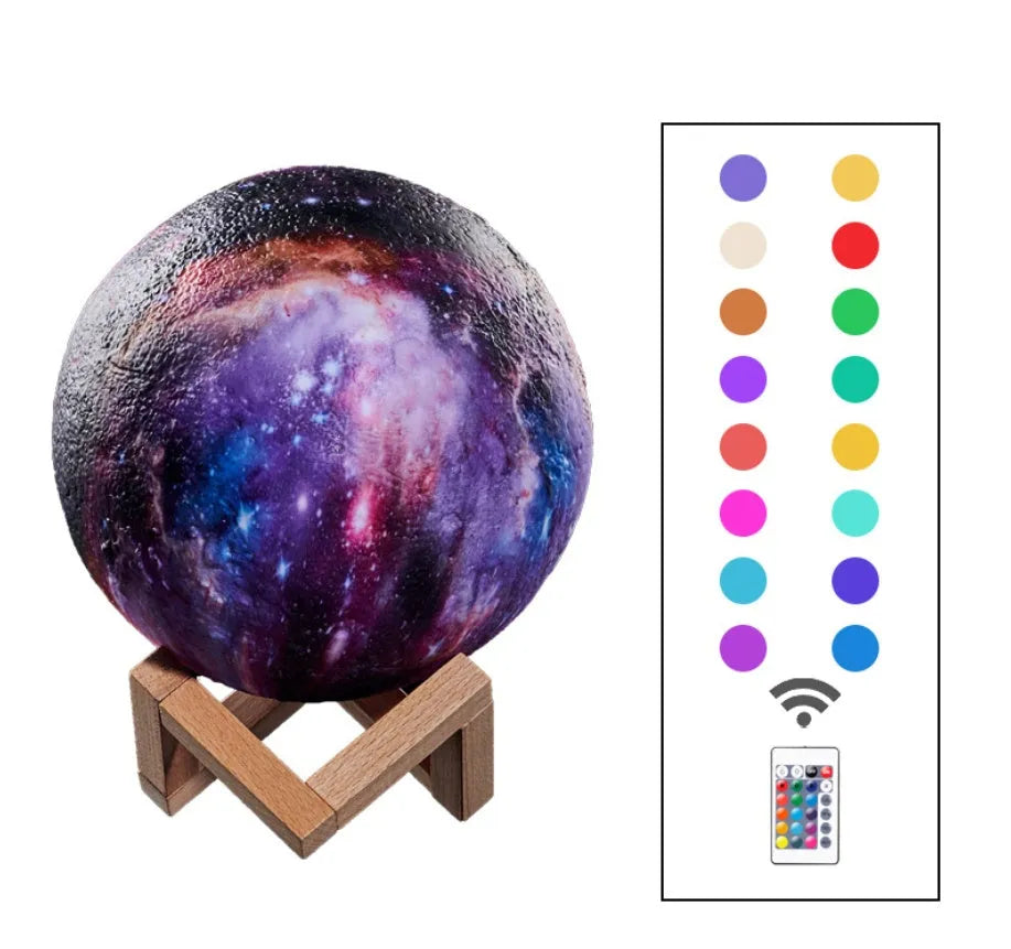3D printed spherical lunar night light with multi-colour LED glow on a dark surface.