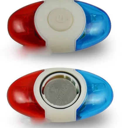 Red and blue LED bicycle tail light with adjustable mounting base shown in horizontal and vertical positions.