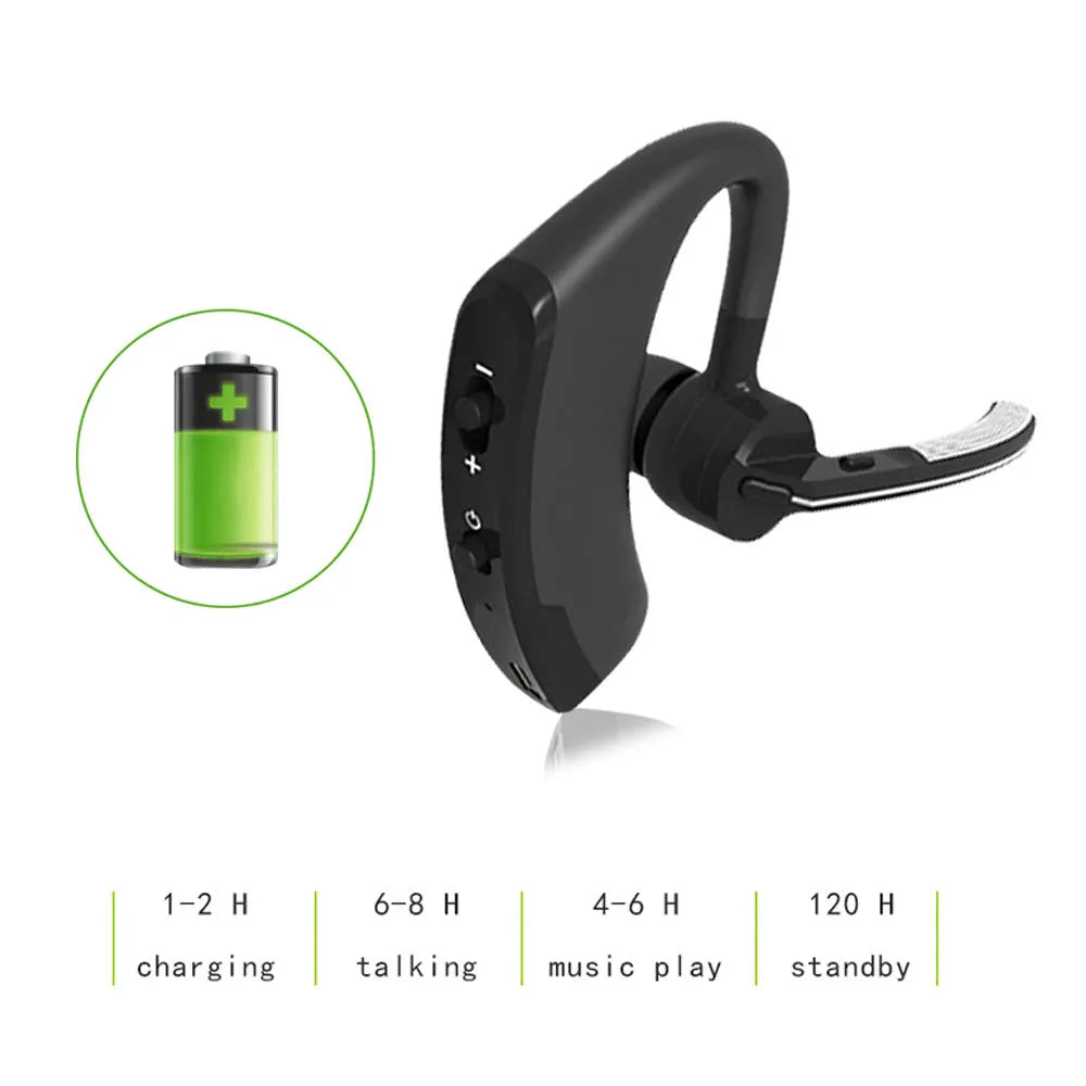 V9 Bluetooth headset with ear-bud and charging cable on a table