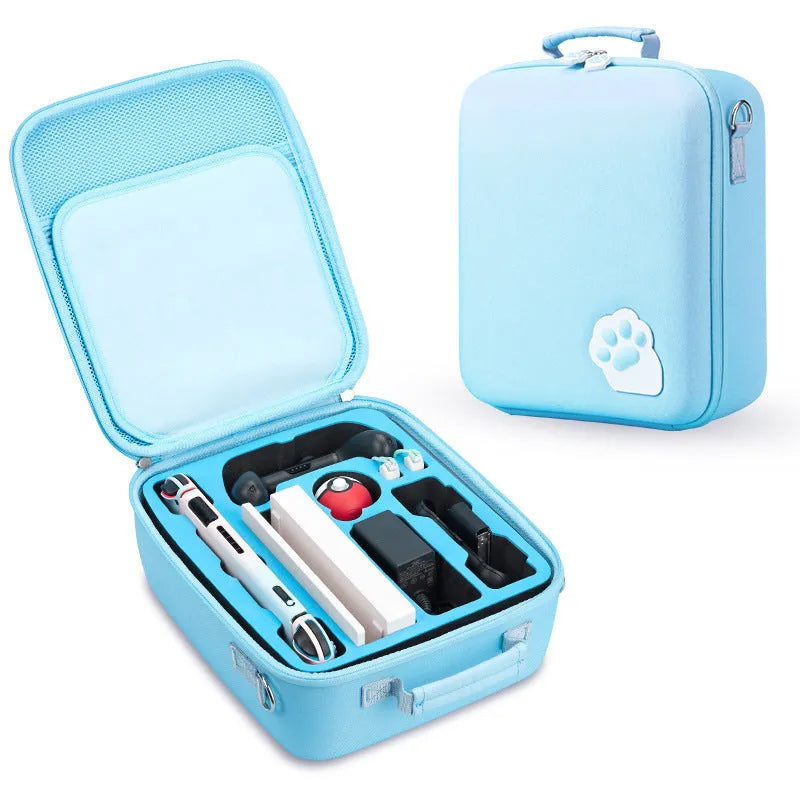 Pink Nintendo Switch storage bag with carry strap, holding game cartridges.