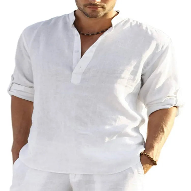 Men's casual cotton linen shirt in solid colour with stand collar and long sleeves